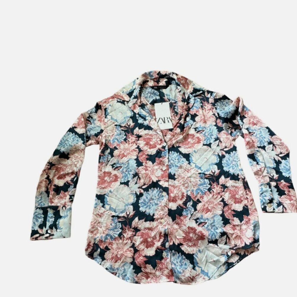 Zara Womens Satin Blouse Shirt XXL Multicolor Floral Pink Blue 8160/449 NWT